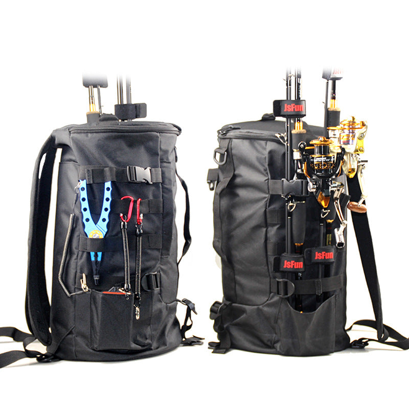 Black fishing tackle bags with rod holders and tools, including reel, pliers, and hooks, on white background