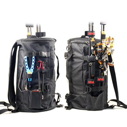 Black fishing tackle bags with rod holders and tools, including reel, pliers, and hooks, on white background