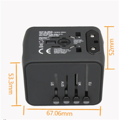 Compact black universal travel adapter with US, AUS, UK, EU plugs and size dimensions shown