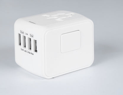 White universal travel adapter with four USB charging ports and global plug sockets