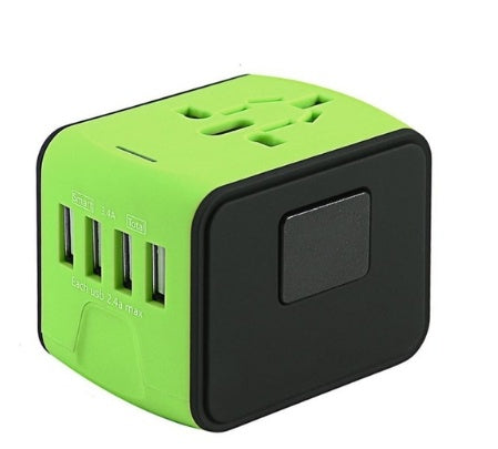 Green and black universal travel adapter with multiple USB ports and global plug sockets