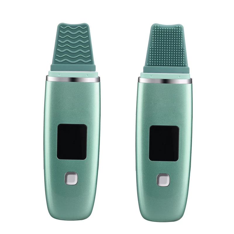 Green ultrasonic blackhead remover with silicone wavy and dotted brush heads for deep pore cleansing