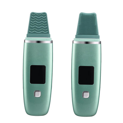 Green ultrasonic blackhead remover with silicone wavy and dotted brush heads for deep pore cleansing