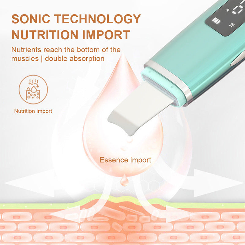 turquoise ultrasonic skin scrubber device demonstrating sonic technology for nutrition and essence import into skin