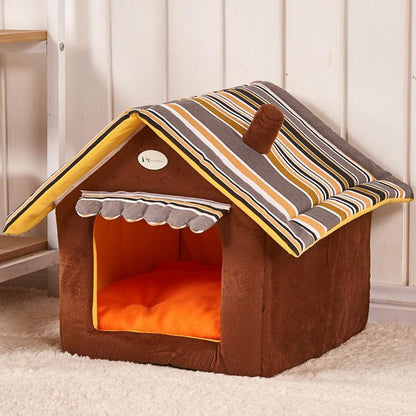 Cozy brown and orange striped folding pet house bed with removable cushion on carpet
