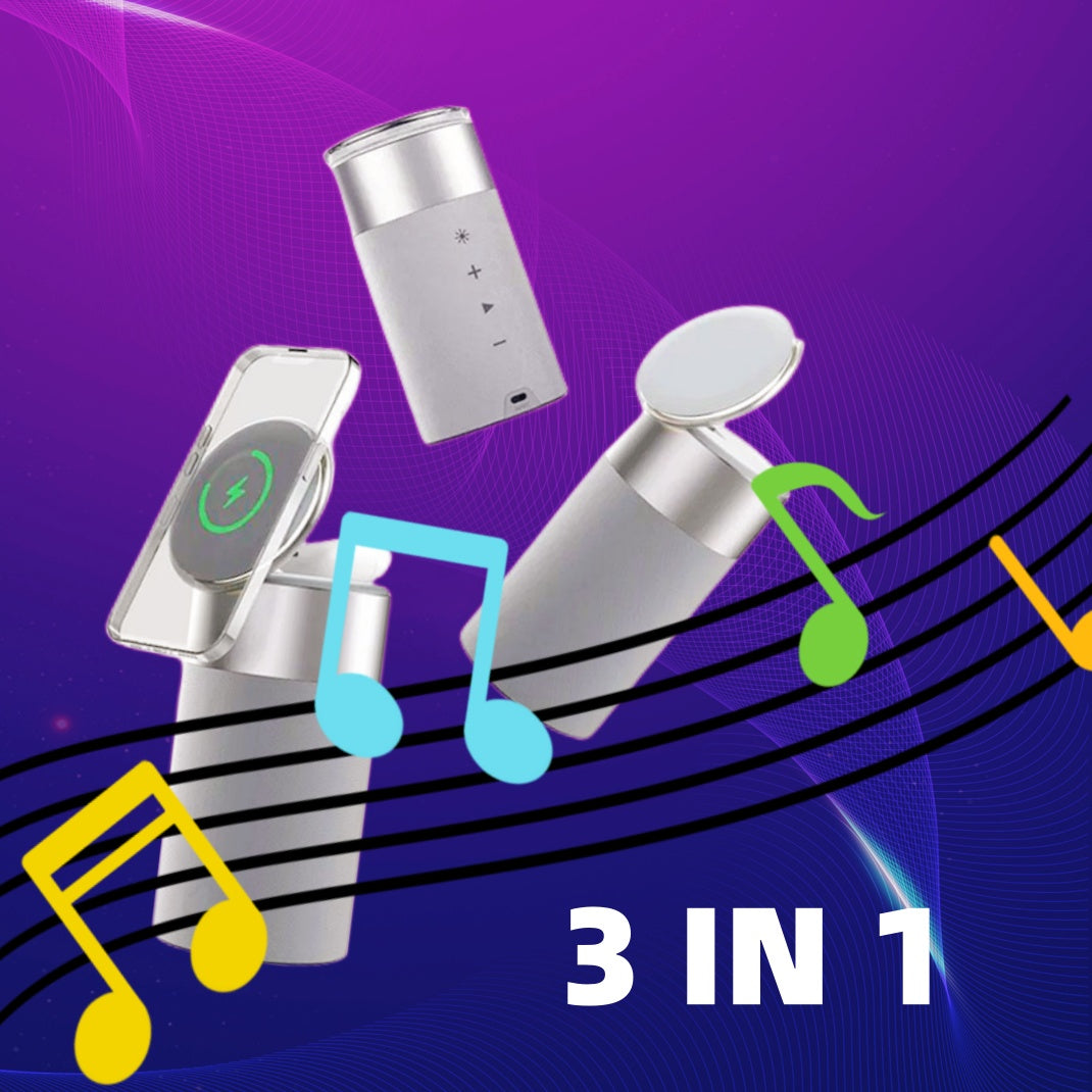 3 in 1 wireless charger, Bluetooth speaker, and lamp with adjustable phone holder on purple background