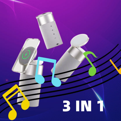 3 in 1 wireless charger, Bluetooth speaker, and lamp with adjustable phone holder on purple background