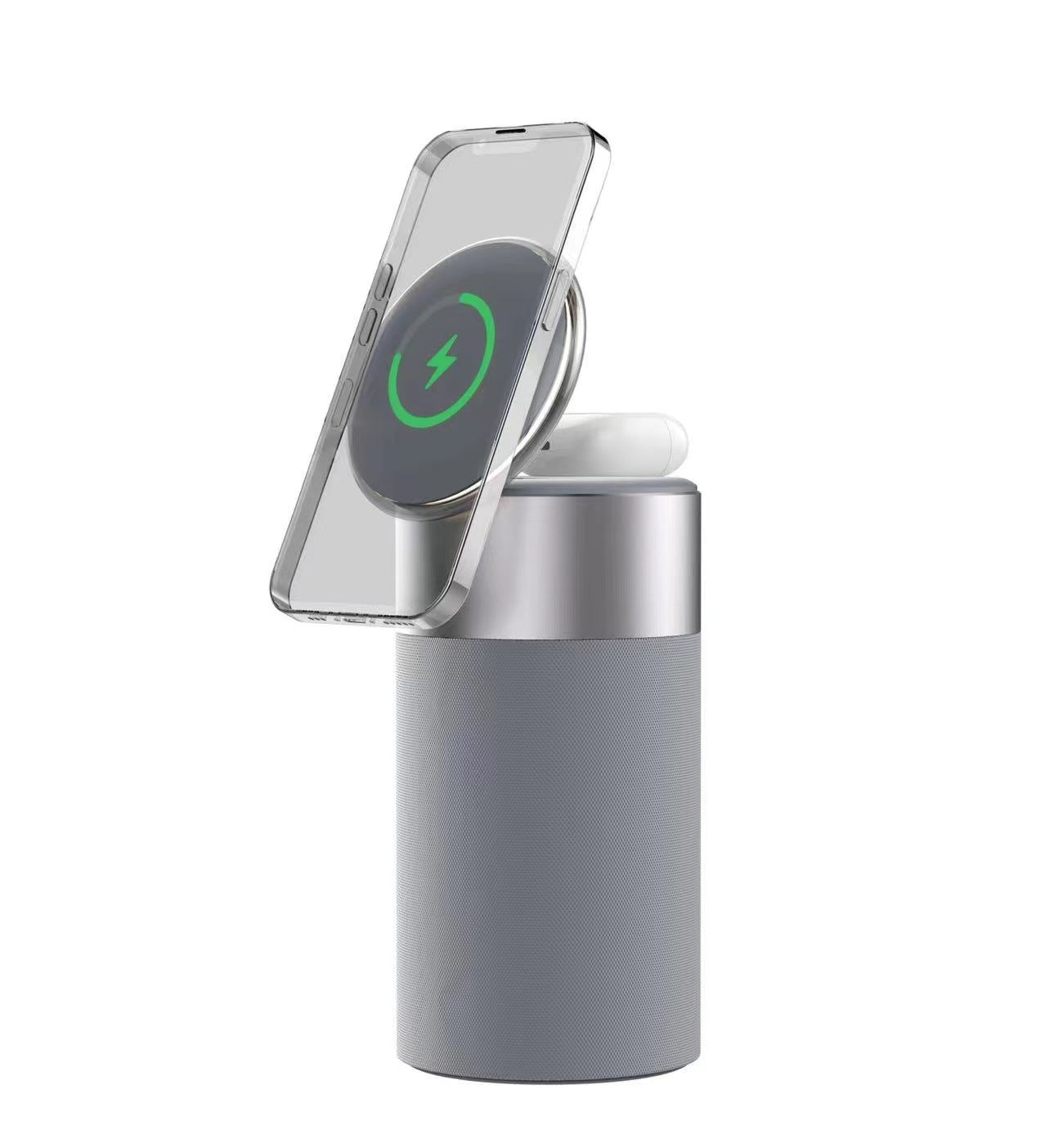 3-in-1 wireless charger with Bluetooth speaker, phone holder, and earbuds charging dock in grey