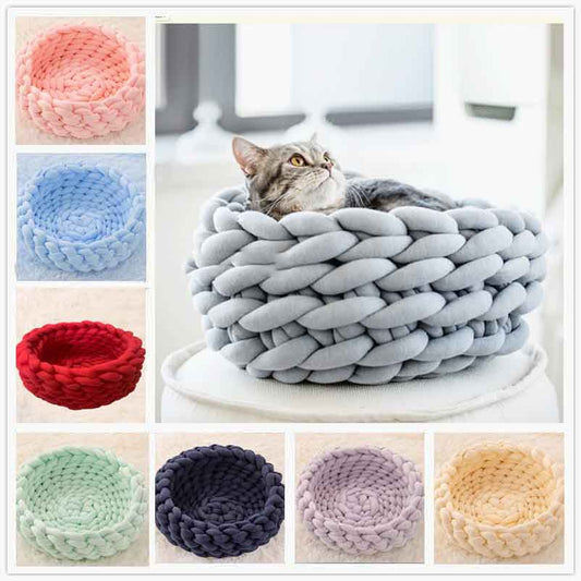 Grey chunky knit plush round cat bed with a tabby cat inside and seven colorful bed options