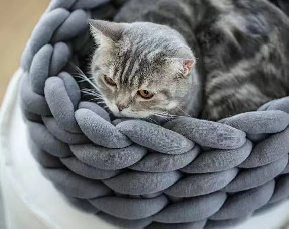 Grey tabby cat resting in a soft, chunky knit round plush cat bed on a white surface