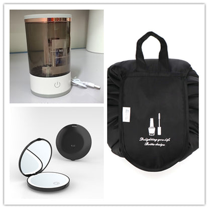 Grey and white USB rechargeable makeup brush cleaner, black portable beauty gadget bag, compact travel mirror