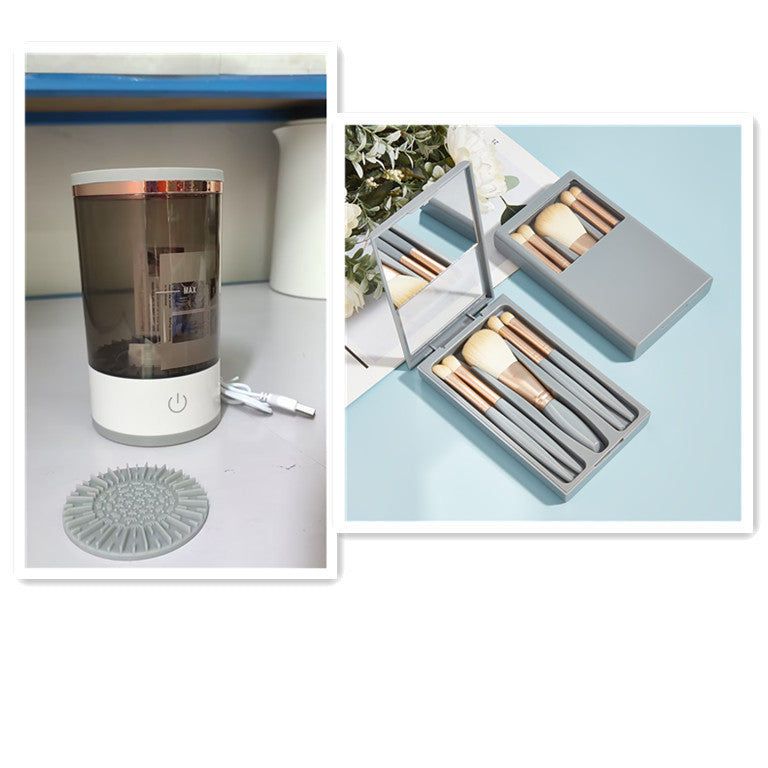 Grey and white USB electric makeup brush cleaner with silicone cleaning mat and grey makeup brush set with mirror