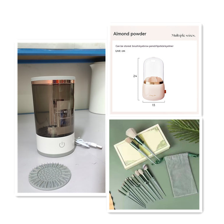Grey and white USB rechargeable electric makeup brush cleaner with brushes and storage pouch