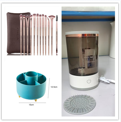 USB rechargeable electric makeup brush cleaner with brushes, leather pouch, and blue brush holder