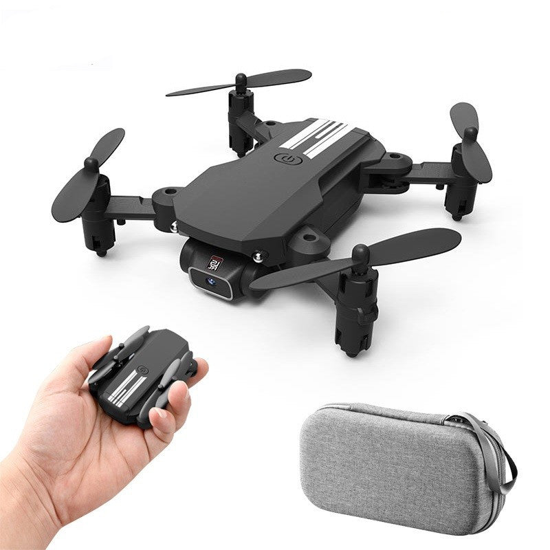 Black folding mini drone with four propellers, handheld compact drone, and gray carrying case