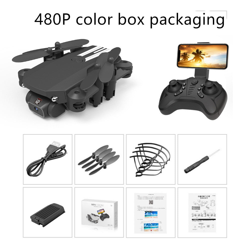 Foldable mini drone with camera, remote controller with phone holder, USB cable, propellers, guards, screwdriver, battery, and packaging box