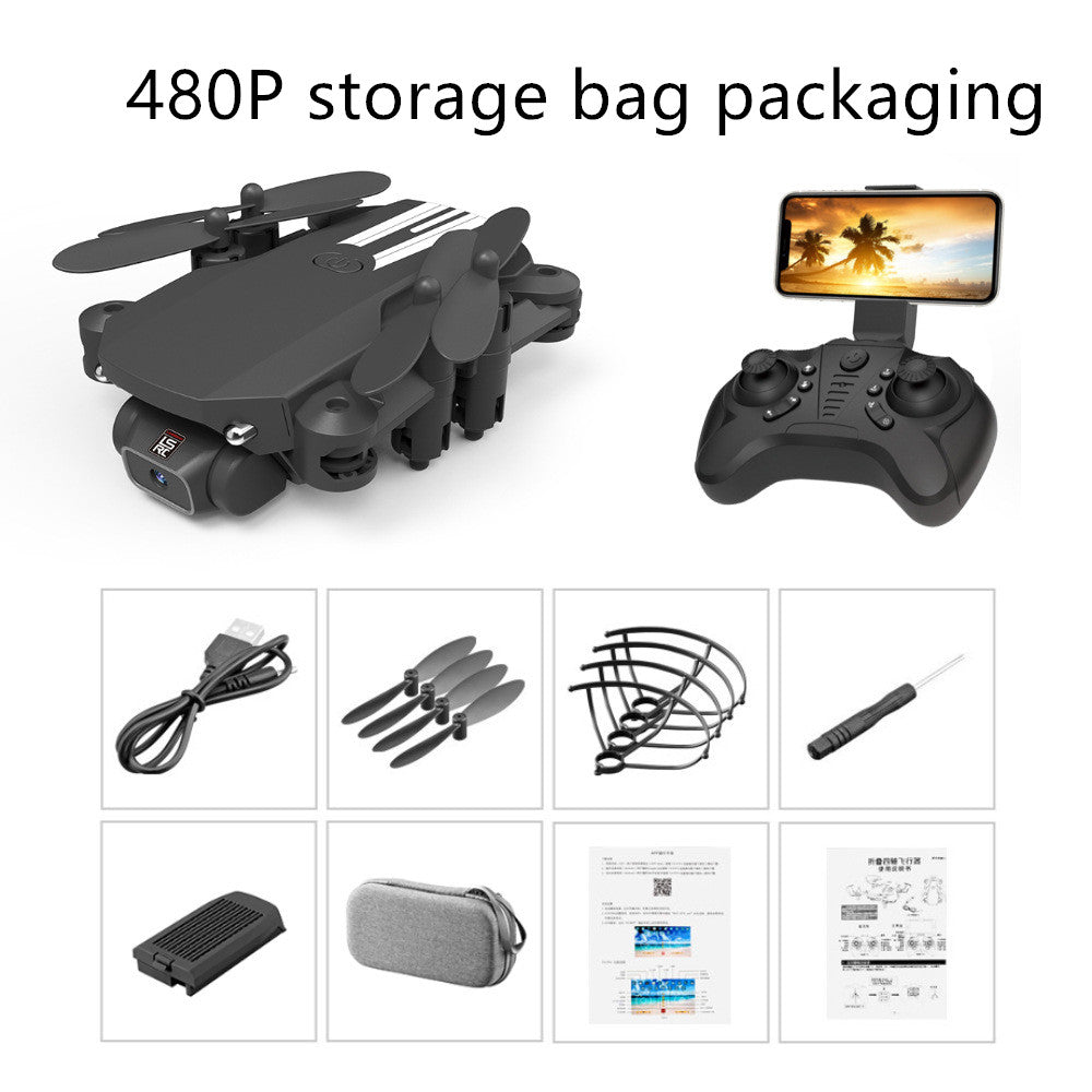 Compact grey folding mini drone with camera, black remote control with phone holder, propellers, USB cable, battery, propeller guards, screwdriver, carrying case, and manuals