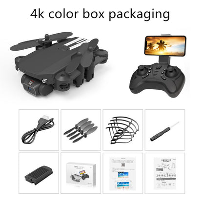 Foldable mini drone with 4-axis camera, remote controller with phone mount, USB charger, spare propellers, propeller guards, screwdriver, battery, and packaging box