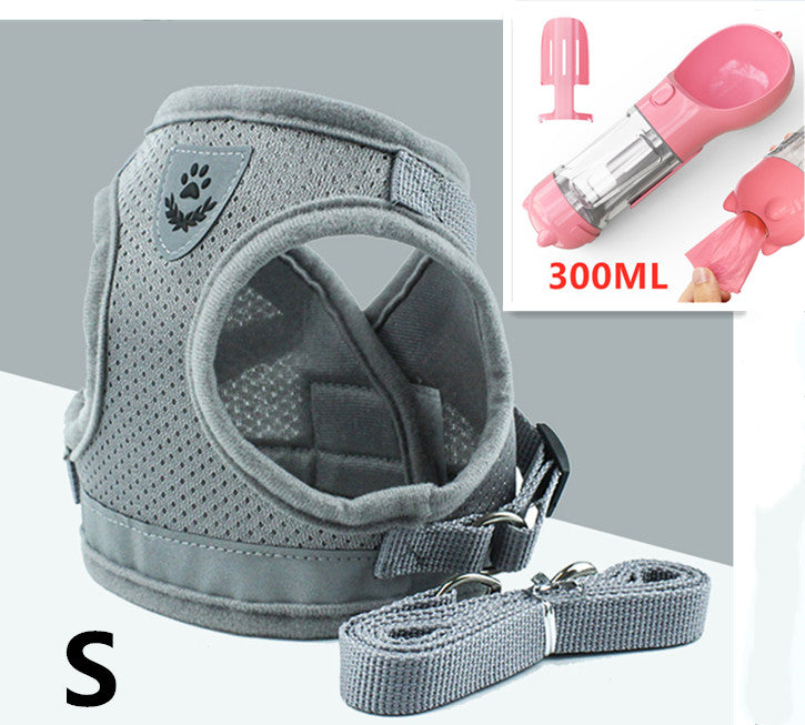Grey breathable mesh dog harness with reflective trim and durable metal hardware, small size, and matching leash