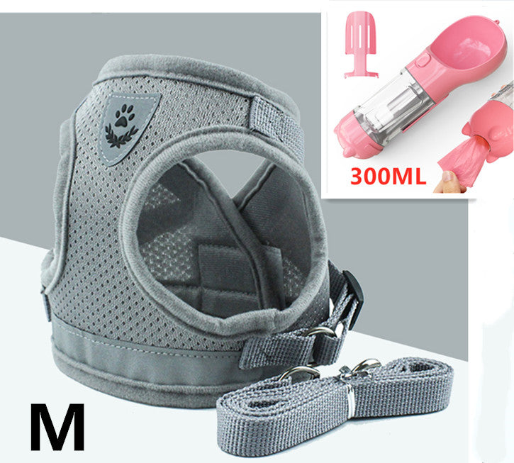 Trendoligy grey breathable dog harness with reflective mesh and durable metal hardware, size M, with matching leash