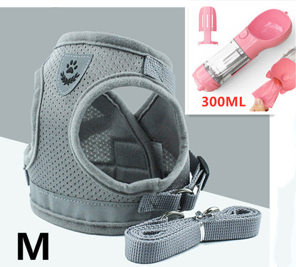 Trendoligy grey breathable dog harness with reflective mesh and durable metal hardware, size M, with matching leash