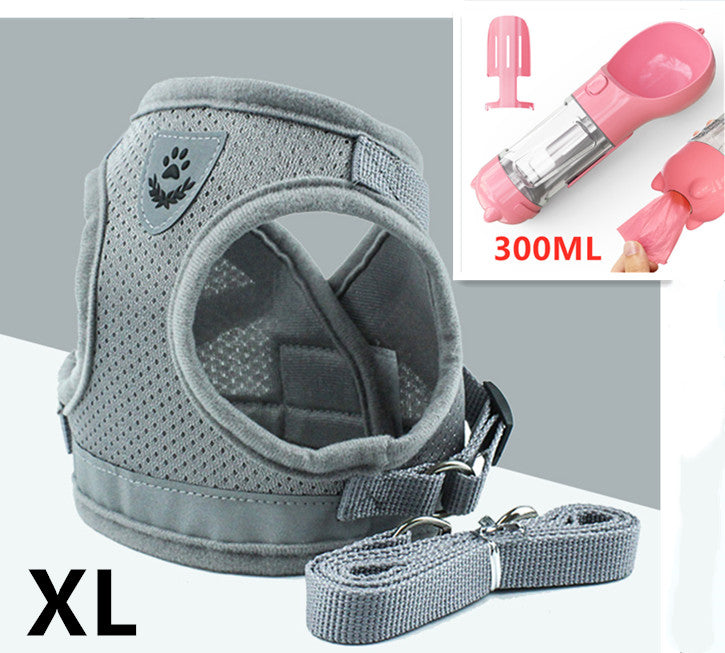 Grey XL breathable mesh dog harness with reflective trim and matching leash, durable metal hardware