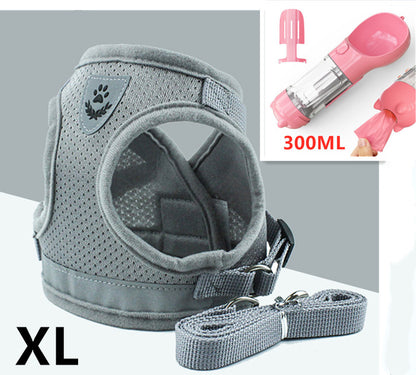 Grey XL breathable mesh dog harness with reflective trim and matching leash, durable metal hardware