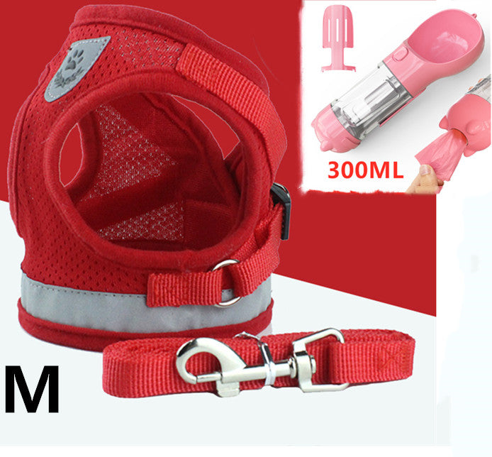 Red breathable dog harness with reflective strip and metal leash clip, size M, 300ml portable pet water bottle