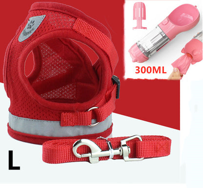 Red breathable dog harness with reflective strip and metal clasp leash, size large