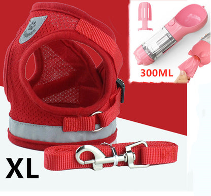 XL red breathable dog harness with reflective strip and matching leash, pet waste bag dispenser shown