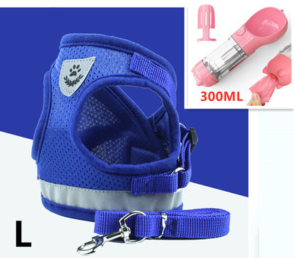 Large blue breathable dog harness with reflective strip and matching leash, plus pink 300ml pet water bottle