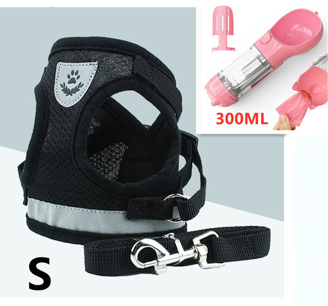 Small black breathable dog harness with reflective strip and metal leash clasp