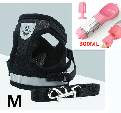 black breathable dog harness with reflective strip and metal leash clip, size M