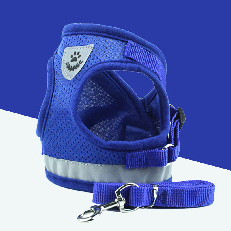 Blue breathable mesh dog harness with reflective strip and matching leash on blue background