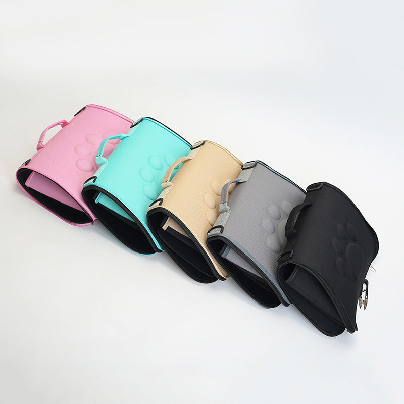 Foldable EVA foam pet carriers in pink, turquoise, beige, grey, and black with paw print design