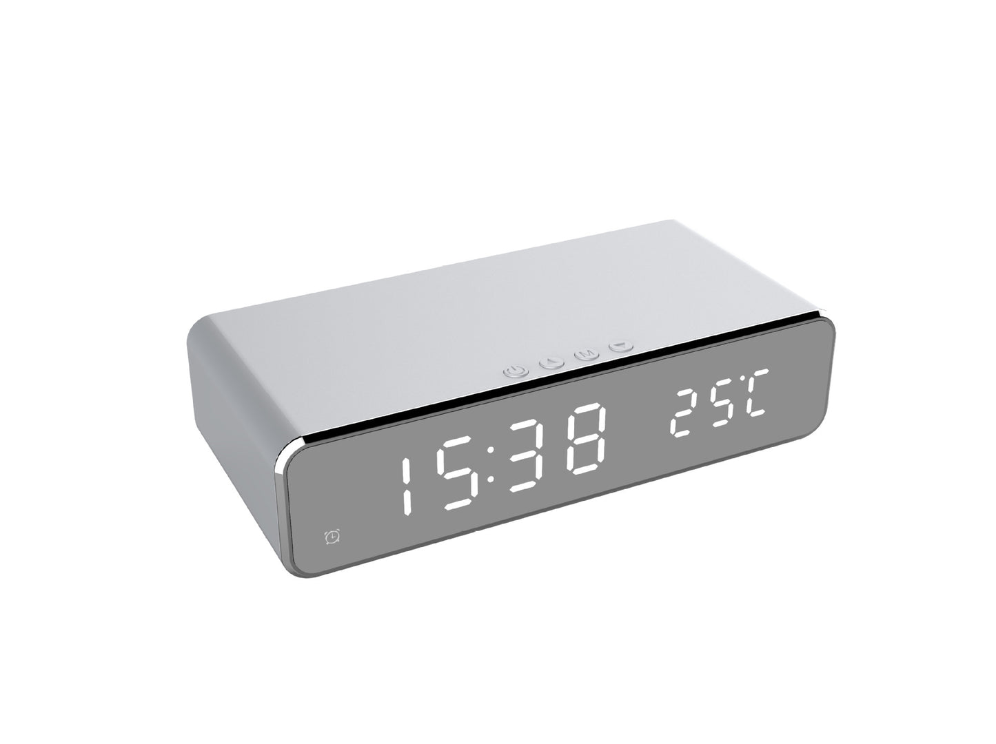 Grey digital LED alarm clock displaying time and temperature with control buttons on top