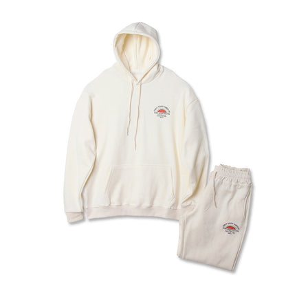 Off-white men's hoodie and sweatpants set with front kangaroo pocket and small text graphic on chest and thigh