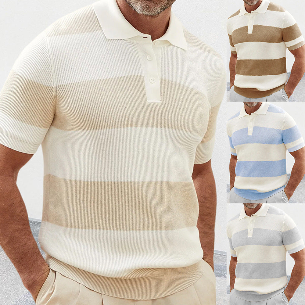 Men's short sleeve ribbed knit polo sweaters in beige, brown, blue, and gray striped designs