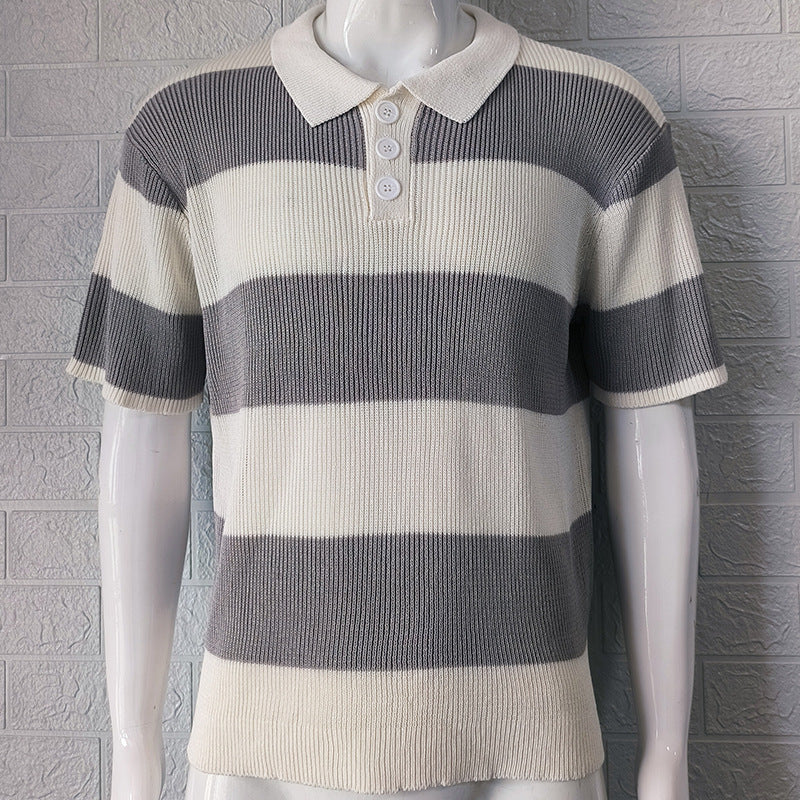 Men's short sleeve knit polo sweater with wide grey and white horizontal stripes
