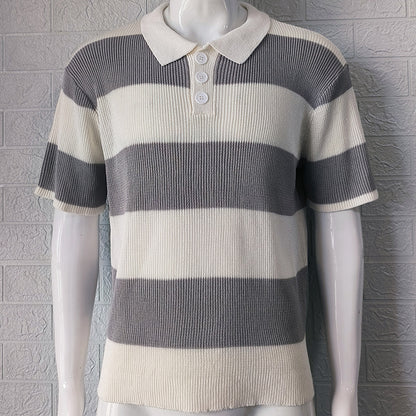 Men's short sleeve knit polo sweater with wide grey and white horizontal stripes