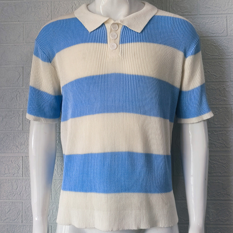 Men's short sleeve polo sweater with blue and cream horizontal stripes, ribbed knit fabric