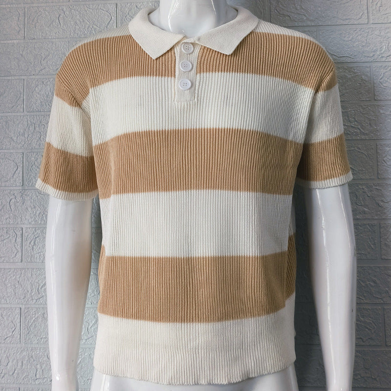 Men's short sleeve polo sweater with wide beige and white horizontal stripes on mannequin