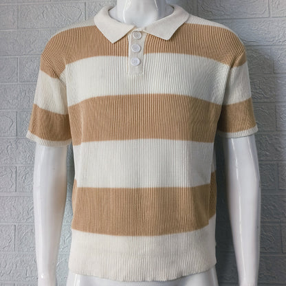 Men's short sleeve polo sweater with wide beige and white horizontal stripes on mannequin