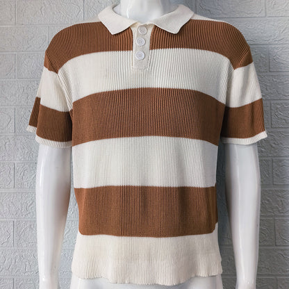 Mens short sleeve knit polo sweater with brown and white horizontal stripes and three buttons