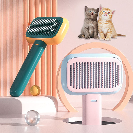 Ergonomic grey and yellow pet grooming brush and pink hair comb with two kittens on a modern pink background