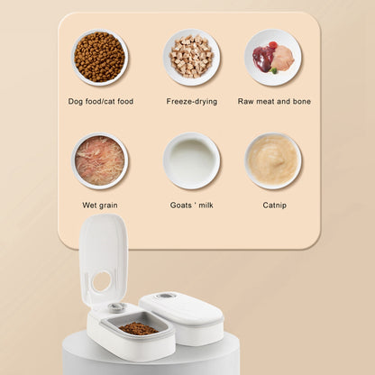 White automatic pet feeder with two compartments, one open showing dry pet food, with pet food types displayed above