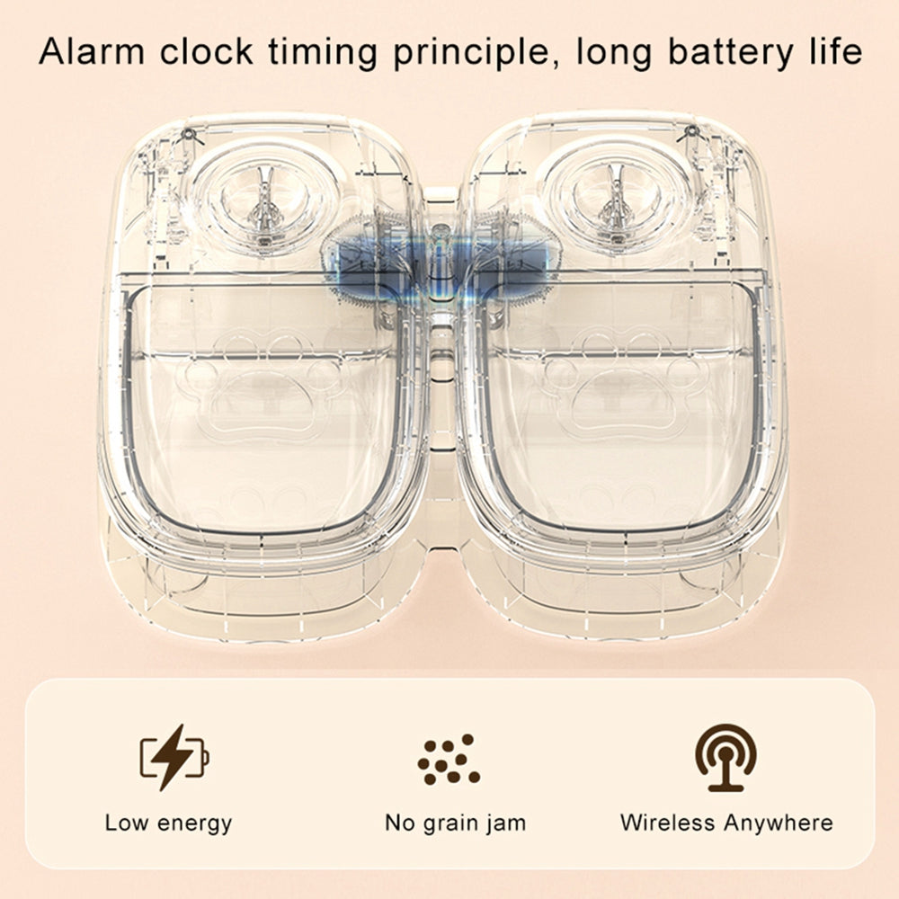 Transparent dual automatic pet feeder with alarm clock timing, low energy, no grain jam, wireless