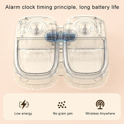 Transparent dual automatic pet feeder with alarm clock timing, low energy, no grain jam, wireless