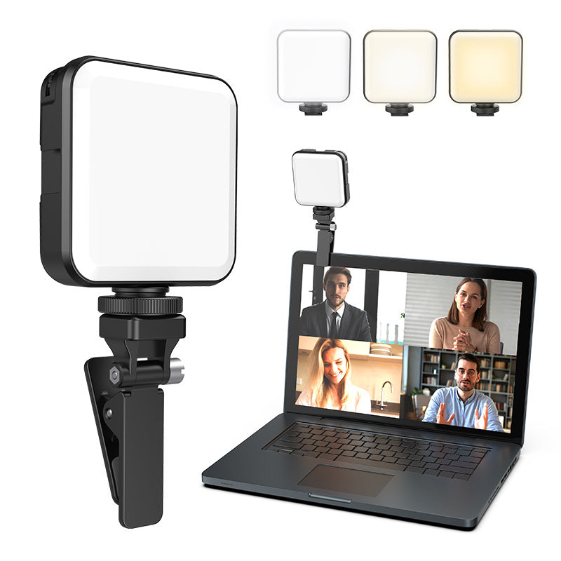 Trendoligy portable LED fill light with clip for live broadcast and video calls, shown on laptop with four people in video conference