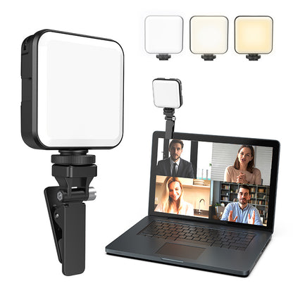 Trendoligy portable LED fill light with clip for live broadcast and video calls, shown on laptop with four people in video conference
